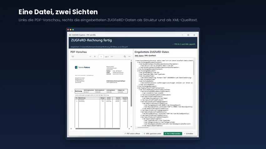 Ergebnisfenster von TabellenFaktura mit PDF-Vorschau der Rechnung sowie den eingebetteten ZUGFeRD-Daten als Struktur und als XML-Quelltext