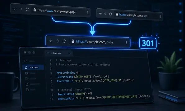 Zwei Browser-Adressleisten mit und ohne www werden über eine 301-Weiterleitung zu einer Adresse zusammengeführt
