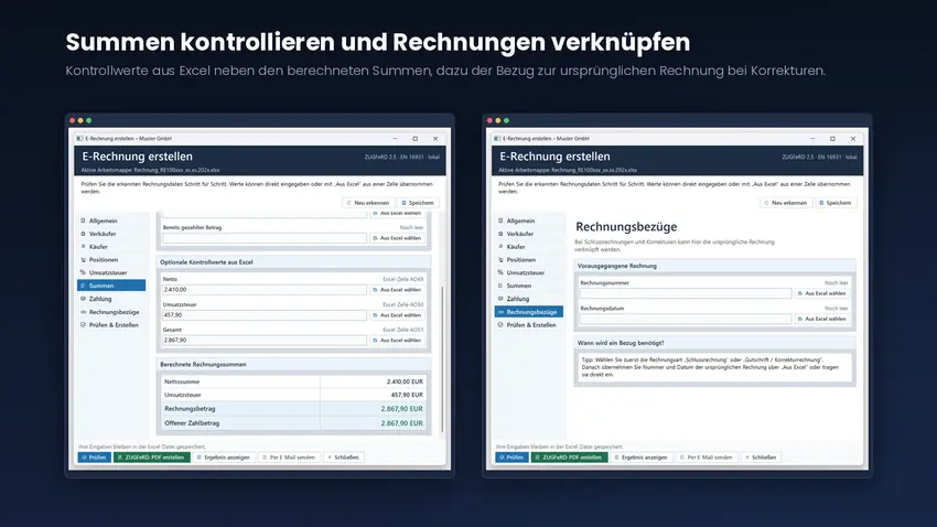Abschnitt Summen mit Kontrollwerten aus Excel und den berechneten Rechnungssummen, daneben der Abschnitt Rechnungsbezüge für Schlussrechnungen und Korrekturen