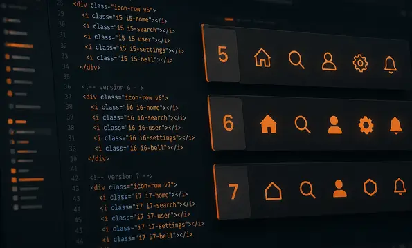 Code-Editor mit mehreren Icon-Einbindungen, daneben drei Icon-Leisten der Versionen 5, 6 und 7