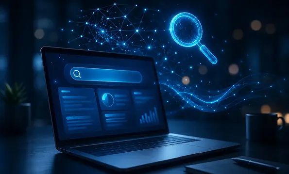 Konzeptbild: Laptop mit leuchtender Such-Leiste und vernetzten KI-Knoten als Symbol für SEO und KI-Suche