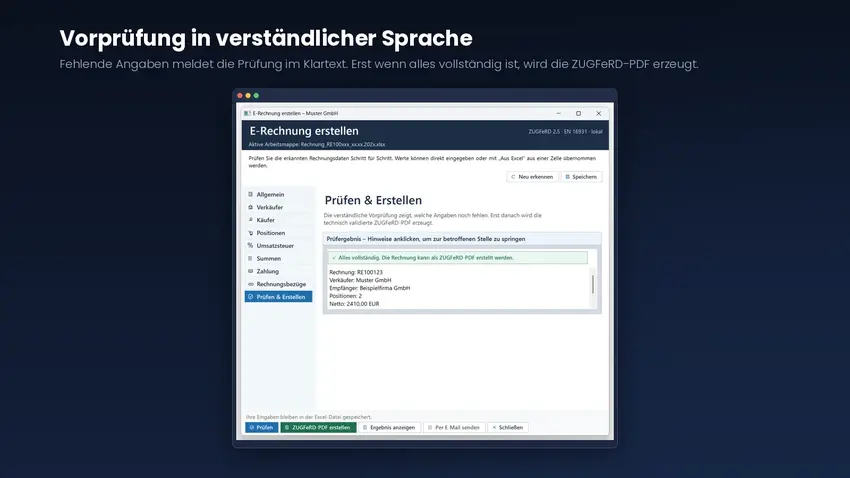 Links ein Prüfergebnis mit roten Hinweisen auf fehlende Angaben zum Verkäufer, rechts die grüne Meldung über vollständige Rechnungsdaten