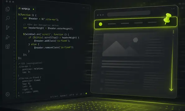 Scroll-Skript im Editor, daneben eine Website mit oben fixierter Navigationsleiste und Pin-Symbol
