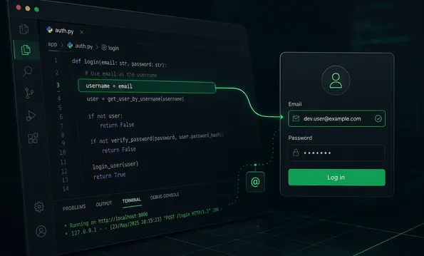 Dunkler Code-Editor mit Login-Snippet, das die E-Mail-Adresse als Benutzernamen setzt, daneben eine Login-Maske mit E-Mail-Feld