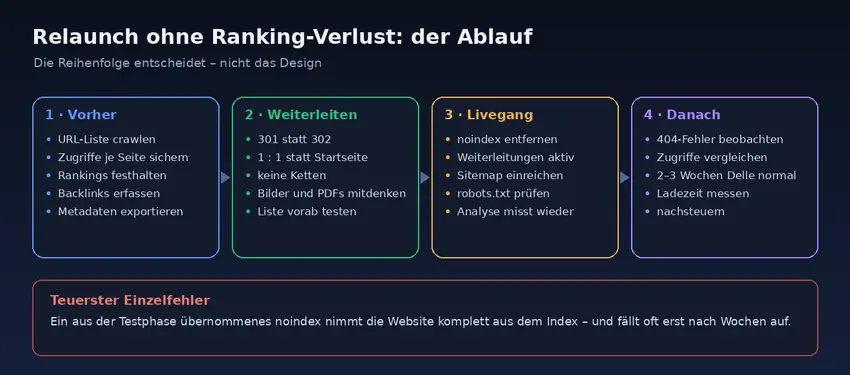 Vier-Phasen-Schaubild zum Relaunch: Bestandsaufnahme, Weiterleitungen, Livegang und Nachkontrolle mit den jeweiligen Aufgaben.