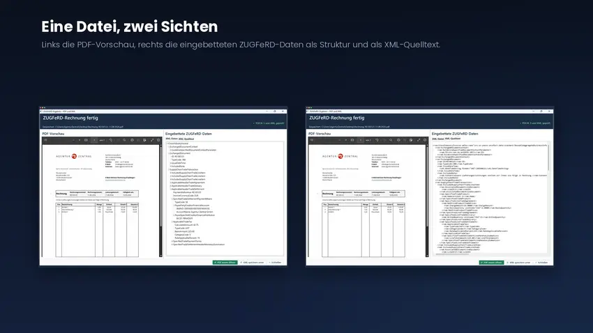 Ergebnisfenster des E-Rechnung-Assistenten mit PDF-Vorschau der Rechnung sowie den eingebetteten ZUGFeRD-Daten als Struktur und als XML-Quelltext
