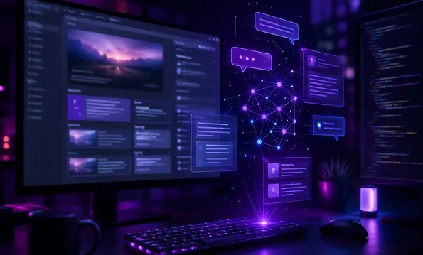 Arbeitsplatz mit CMS-Redaktionsfenster und Code-Editor; davor ein holografischer KI-Assistent mit Chat-Blasen und neuronalem Netz in Violett und Cyan.