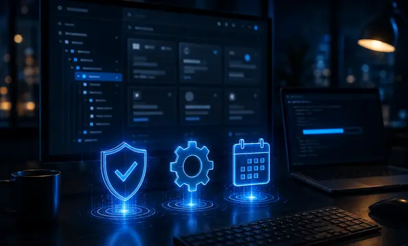 Entwickler-Arbeitsplatz mit CMS-Backend und Terminal; schwebende Symbole für Schutzschild, Zahnrad und Kalender stehen für Sicherheit, Wartung und Langzeit-Support.