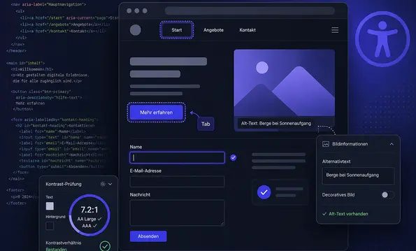 Website-Vorschau mit Tastatur-Fokusrahmen, bestandener Kontrastprüfung, Alternativtext-Feld und ARIA-Markup