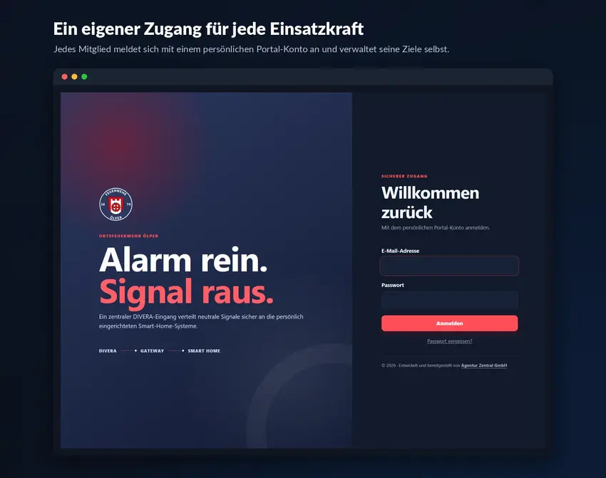Anmeldemaske des SmartHome-Gateways mit Feuerwehrwappen, E-Mail-Feld und Passwortfeld