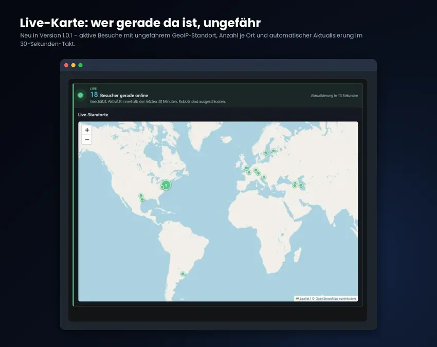 Live-Panel im Contao-Backend mit Zahl der aktiven Besuche und Weltkarte mit grünen Markierungen der ungefähren Besucherstandorte