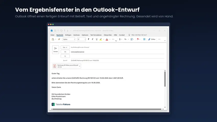 Outlook-Fenster mit fertigem Nachrichtenentwurf, Betreff, Rechnungstext, Signatur und angehängter ZUGFeRD-PDF