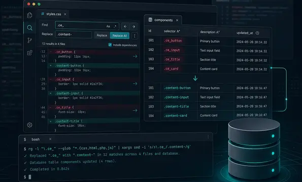 Suchen-und-Ersetzen-Panel, Datenbanktabelle und Terminal: alte CSS-Klassen werden zu neuen Klassen umgeschrieben