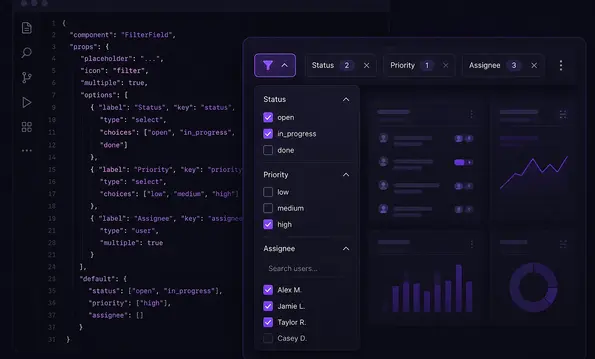 Editor mit Konfiguration eines Filterfelds, daneben Filter-Panel mit Chips, Dropdown und Ergebniskarten
