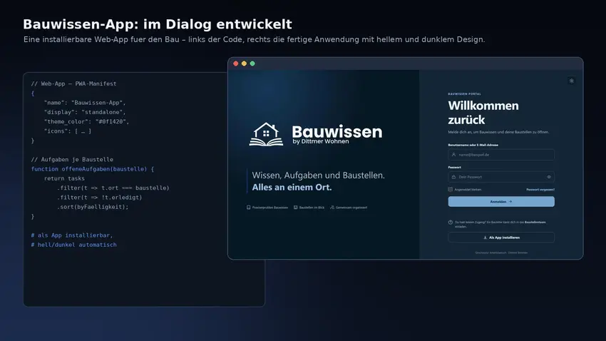 Links ein Code-Panel mit PWA-Manifest und JavaScript, rechts die Anmeldeseite der installierbaren Bauwissen-App.