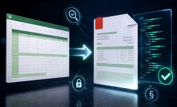 Tabellenkalkulation mit Rechnungsraster, daneben ein PDF-Dokument mit eingebetteten XML-Daten und geprüftem Häkchen