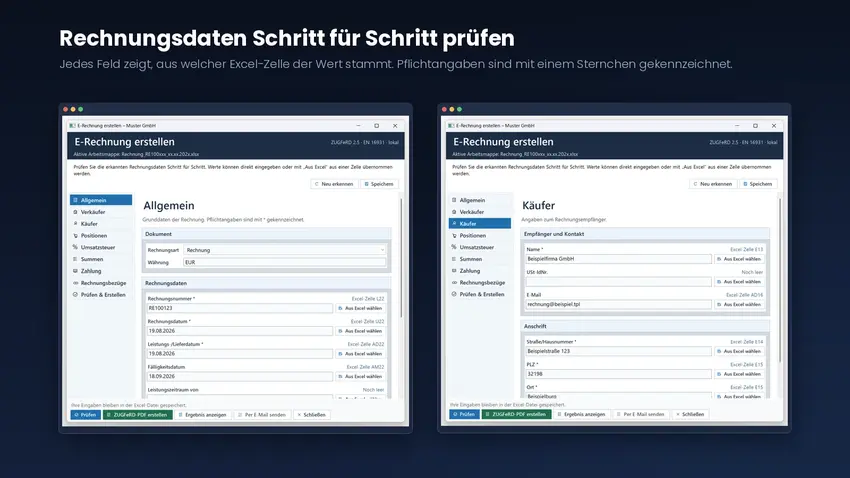 Zwei Dialogfenster von TabellenFaktura mit den Abschnitten Allgemein und Käufer, jedes Feld nennt die zugehörige Excel-Zelle