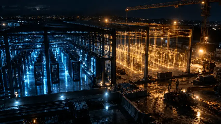 Nächtliche Baustelle eines Rechenzentrums, links fertige blau leuchtende Serverreihen, rechts ein bernsteinfarbenes Hologramm-Gerüst der künftigen Reihen