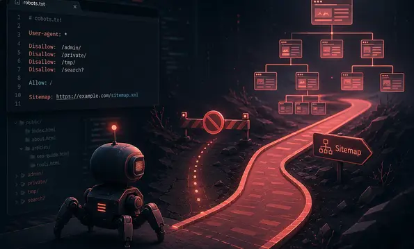 Robots.txt mit Direktiven, ein Crawler steht vor einem gesperrten Pfad und einem Sitemap-Weg zum Seitenbaum
