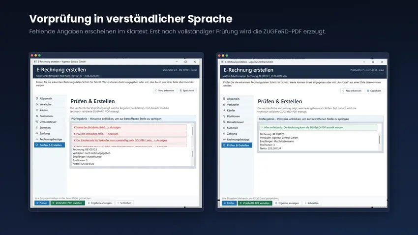 Links ein Prüfergebnis mit roten Hinweisen auf fehlende Angaben zum Verkäufer, rechts die grüne Meldung über vollständige Rechnungsdaten