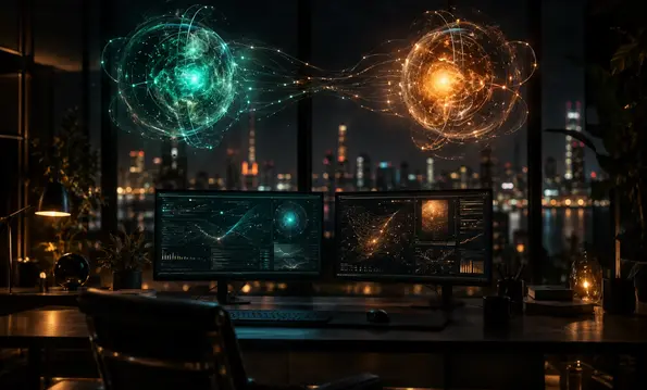 Zwei leuchtende holografische Energiekerne über einem Schreibtisch mit zwei Monitoren in einem dunklen Büro