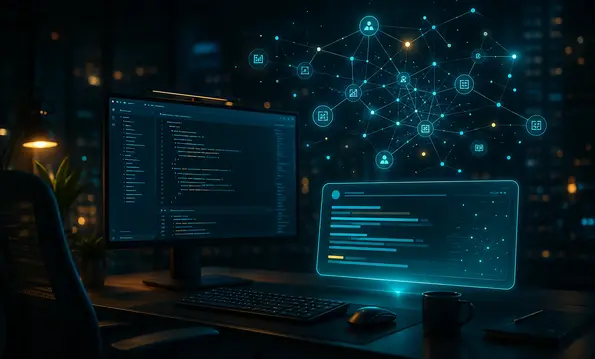 Arbeitsplatz mit Code-Editor und strukturiertem Datenblock; darüber ein leuchtendes Netz verbundener Knotenpunkte als Sinnbild für maschinenlesbare Inhalte.