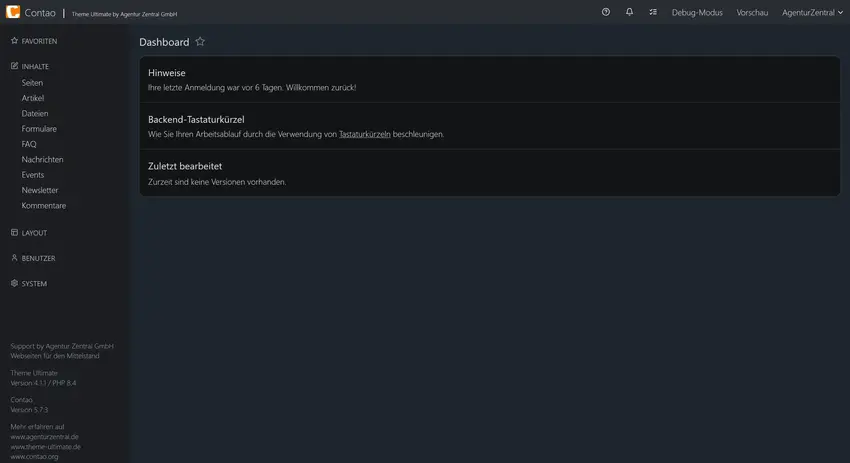 Das Dashboard - die Startseite des Backends