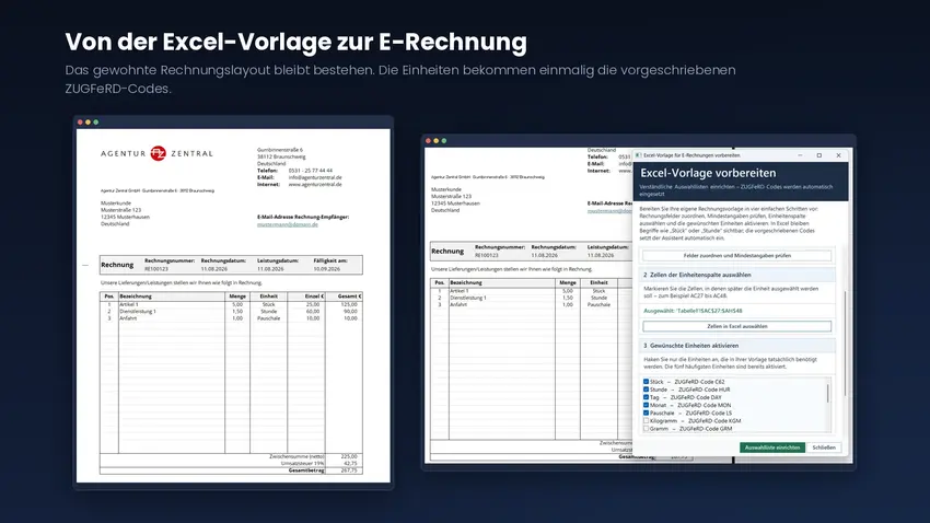 Links eine Excel-Rechnungsvorlage mit Positionen und Summen, rechts der Dialog zur Vorbereitung mit Auswahl der Einheitenspalte und den ZUGFeRD-Codes