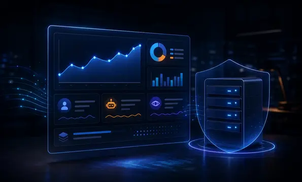 Abstrakte Darstellung einer Website-Statistik mit Diagrammen und Schutzschild-Symbol in Blautönen
