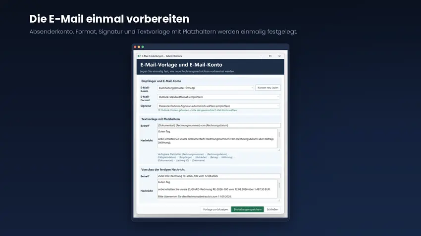 Dialog E-Mail-Vorlage und E-Mail-Konto mit Auswahl des Outlook-Kontos, des Formats und der Signatur sowie Betreffzeile und Nachrichtentext mit Platzhaltern und einer Vorschau