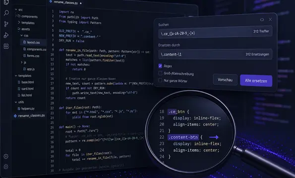Python-Skript im Editor mit Regex-Ersetzen-Panel, eine Lupe zeigt die umbenannte CSS-Klasse