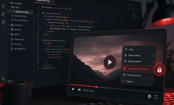Video-Player mit geöffnetem Kontextmenü, in dem der Download gesperrt ist, daneben das Template-Snippet
