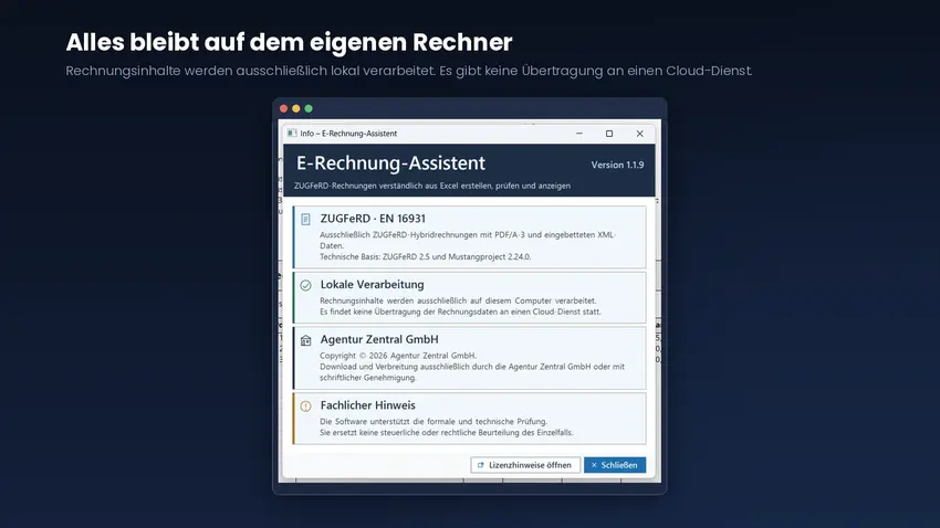 Info-Fenster des E-Rechnung-Assistenten in Version 1.1.9 mit Hinweisen zu ZUGFeRD, zur lokalen Verarbeitung und zum fachlichen Hinweis