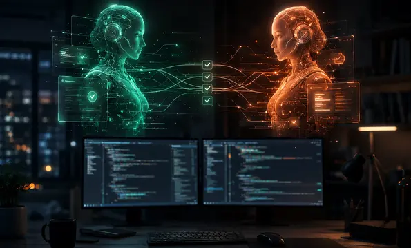 Zwei holografische KI-Figuren in Grün und Orange über einem Entwickler-Arbeitsplatz, verbunden durch leuchtende Linien mit Häkchen-Symbolen.