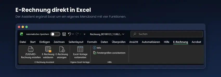 Excel-Menüband mit der Registerkarte E-Rechnung und den Schaltflächen ZUGFeRD-Rechnung erstellen, E-Rechnung validieren und E-Rechnung anzeigen