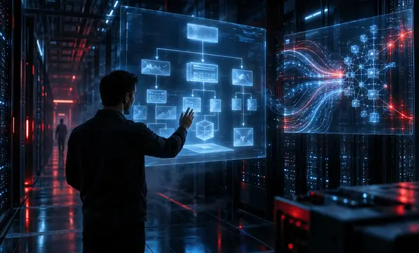 Holografische Darstellung einer Website-Struktur in einem Rechenzentrum