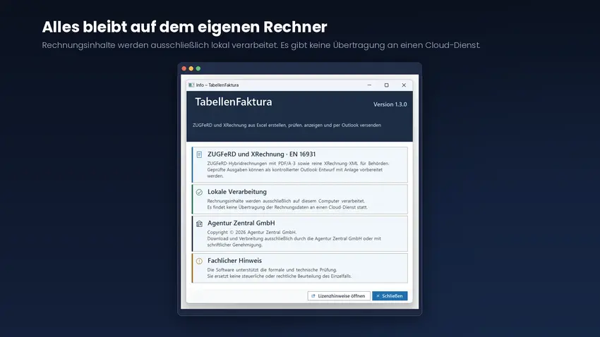 Info-Fenster von TabellenFaktura in Version 1.3.0 mit Hinweisen zu ZUGFeRD und XRechnung, zur lokalen Verarbeitung und zum fachlichen Hinweis
