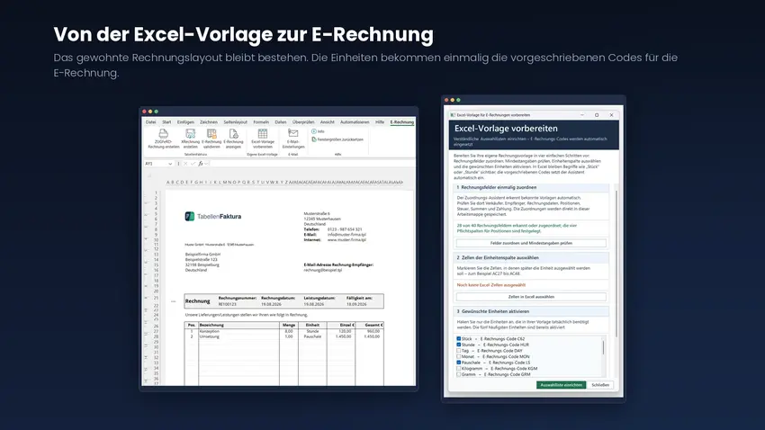 Links eine Excel-Rechnungsvorlage mit Positionen und Summen, rechts der Dialog zur Vorbereitung mit Auswahl der Einheitenspalte und den ZUGFeRD-Codes