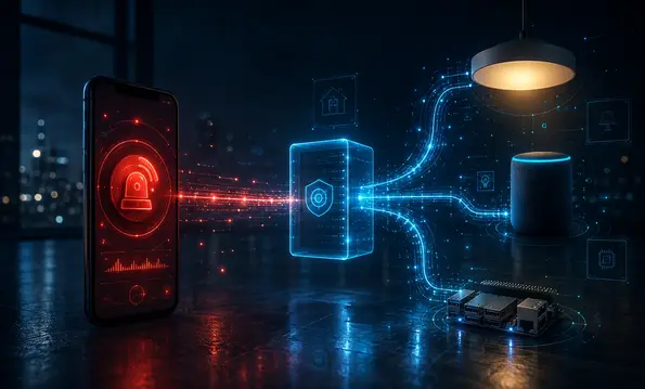Smartphone mit rotem Alarmsignal, das über ein Gateway an Smart-Speaker, Deckenlampe und Einplatinencomputer verteilt wird