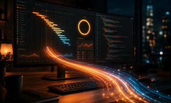 Entwickler-Arbeitsplatz bei Nacht: Monitor mit Ladezeit-Wasserfall und Score-Ring, davor eine leuchtende Lichtspur als Sinnbild für schnelle Websites.