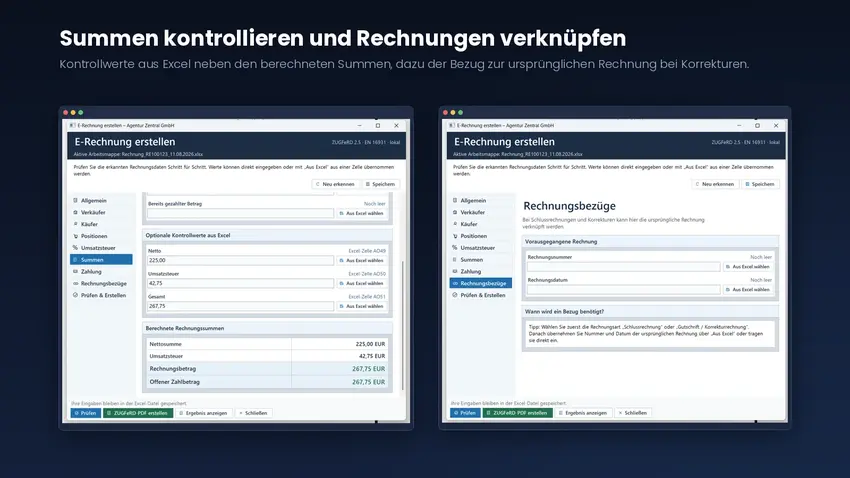 Abschnitt Summen mit Kontrollwerten aus Excel und den berechneten Rechnungssummen, daneben der Abschnitt Rechnungsbezüge für Schlussrechnungen und Korrekturen