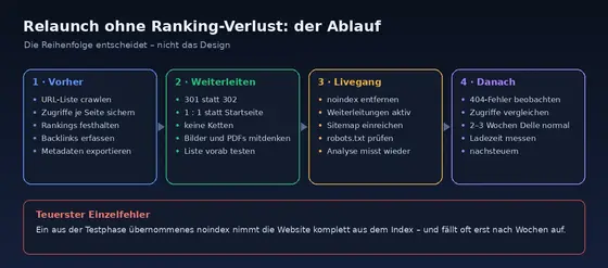 Vier-Phasen-Schaubild zum Relaunch: Bestandsaufnahme, Weiterleitungen, Livegang und Nachkontrolle mit den jeweiligen Aufgaben.