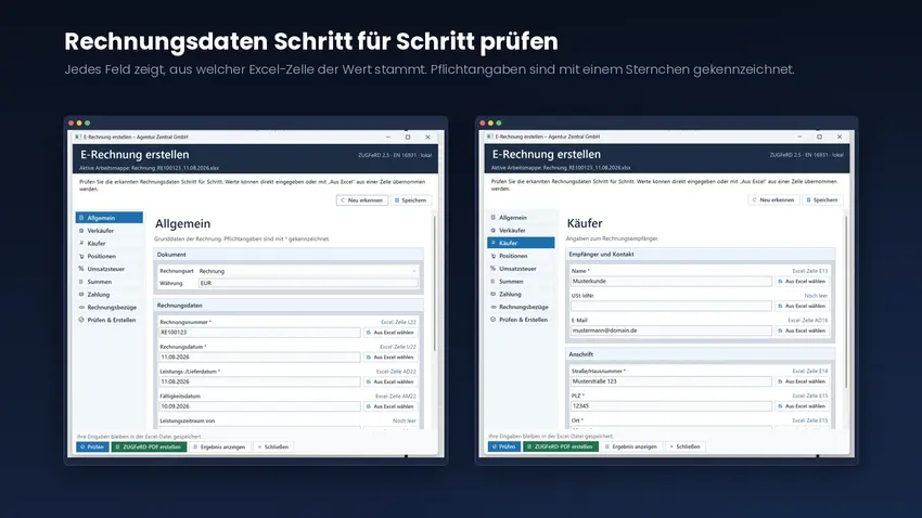 Zwei Dialogfenster des E-Rechnung-Assistenten mit den Abschnitten Allgemein und Käufer, jedes Feld nennt die zugehörige Excel-Zelle
