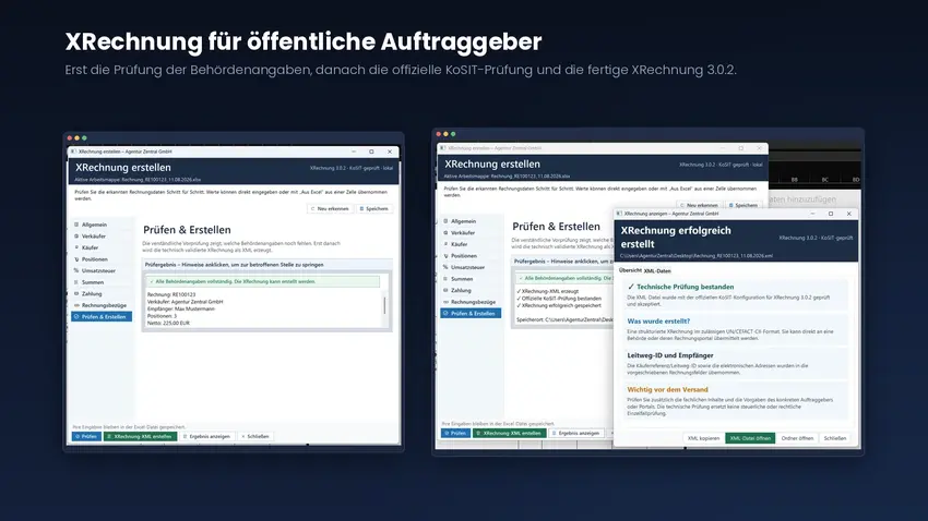 Links das Prüfergebnis mit vollständigen Behördenangaben, rechts das Ergebnisfenster mit bestandener KoSIT-Prüfung und Hinweisen zur Leitweg-ID