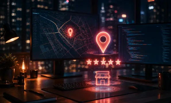 Arbeitsplatz bei Nacht mit Kartenansicht einer Stadt, leuchtendem Standort-Pin, Bewertungssternen und Schaufenster-Symbol als Sinnbild für lokale Sichtbarkeit.