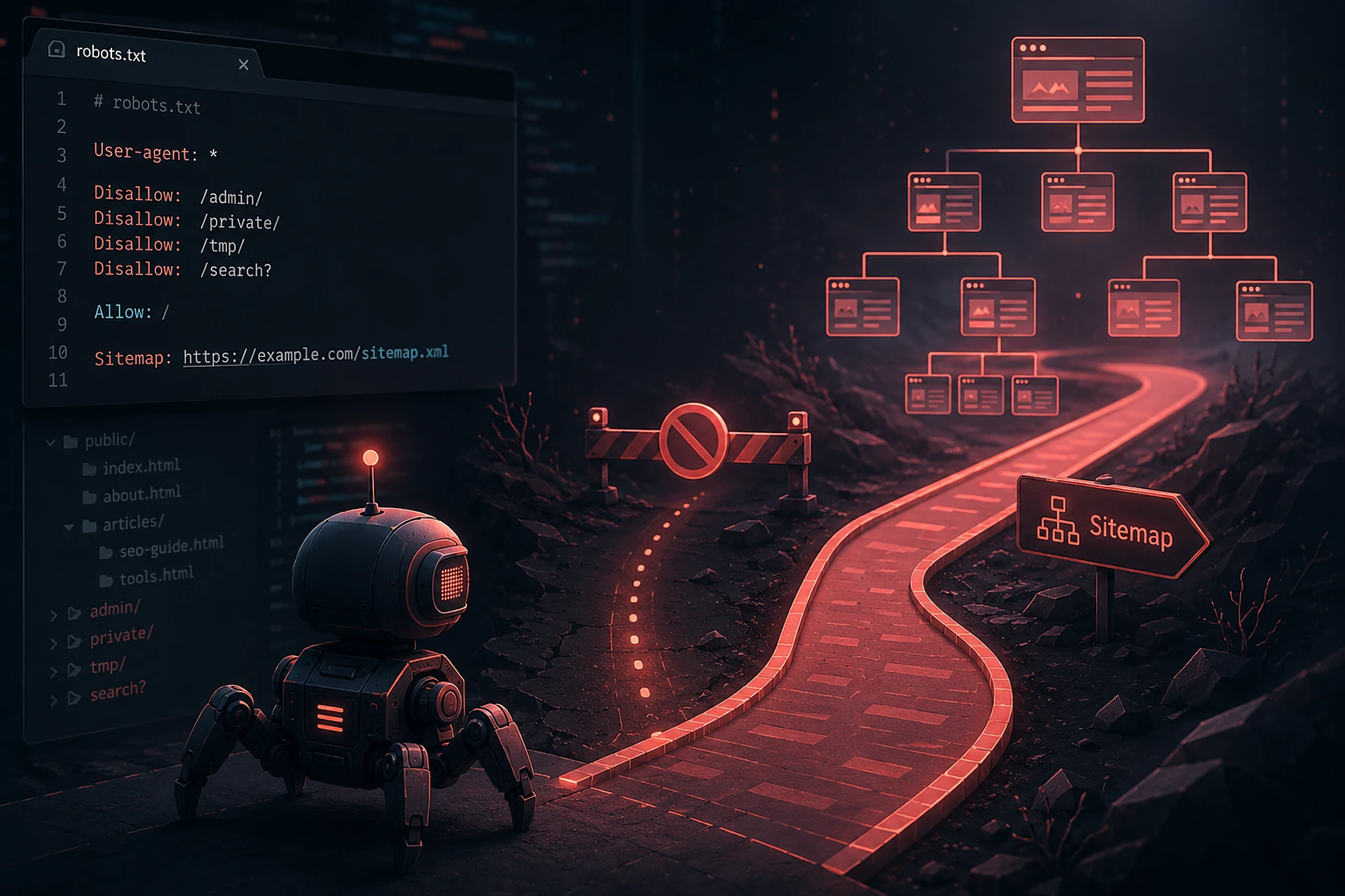 Robots.txt mit Direktiven, ein Crawler steht vor einem gesperrten Pfad und einem Sitemap-Weg zum Seitenbaum