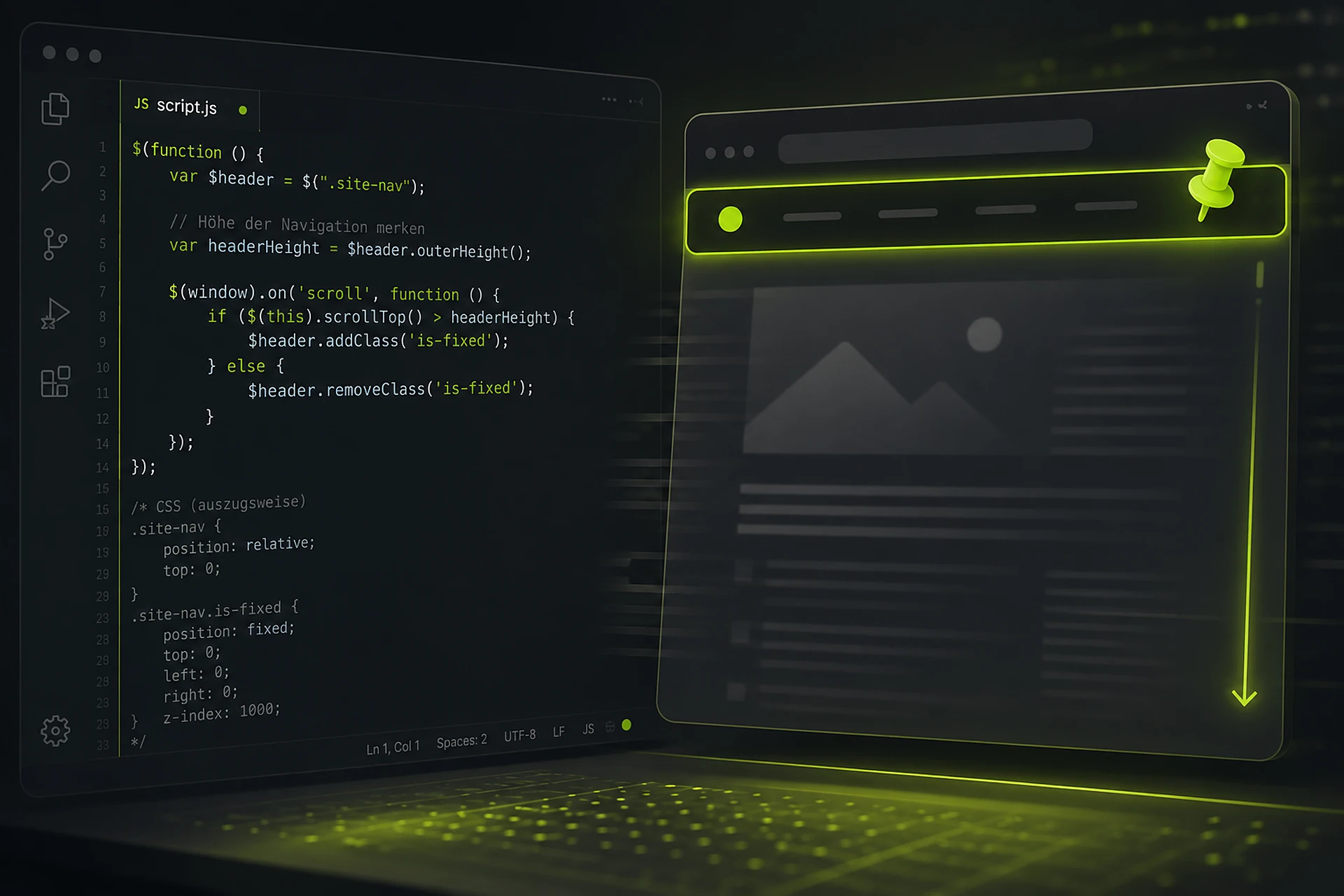 Scroll-Skript im Editor, daneben eine Website mit oben fixierter Navigationsleiste und Pin-Symbol