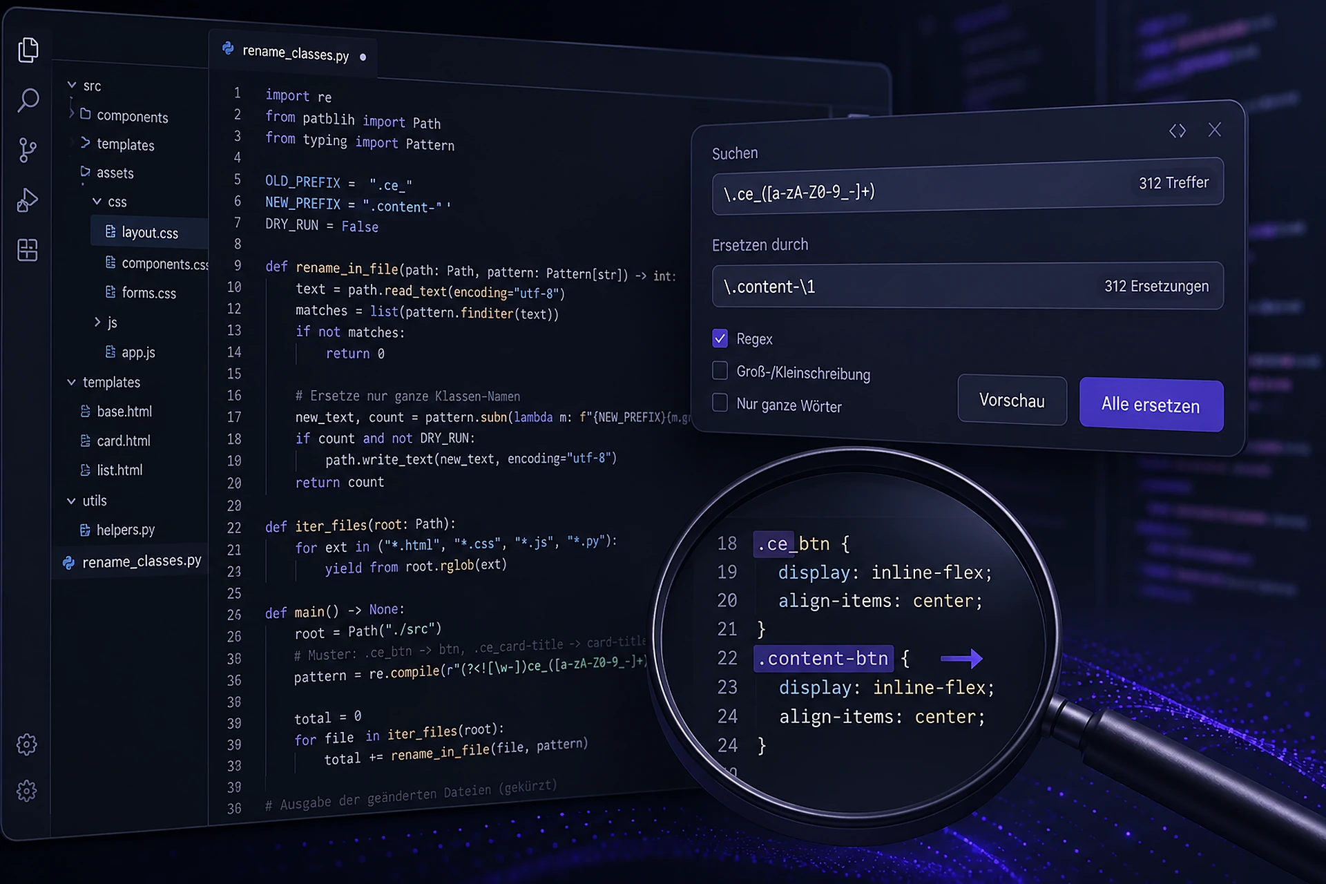 Python-Skript im Editor mit Regex-Ersetzen-Panel, eine Lupe zeigt die umbenannte CSS-Klasse
