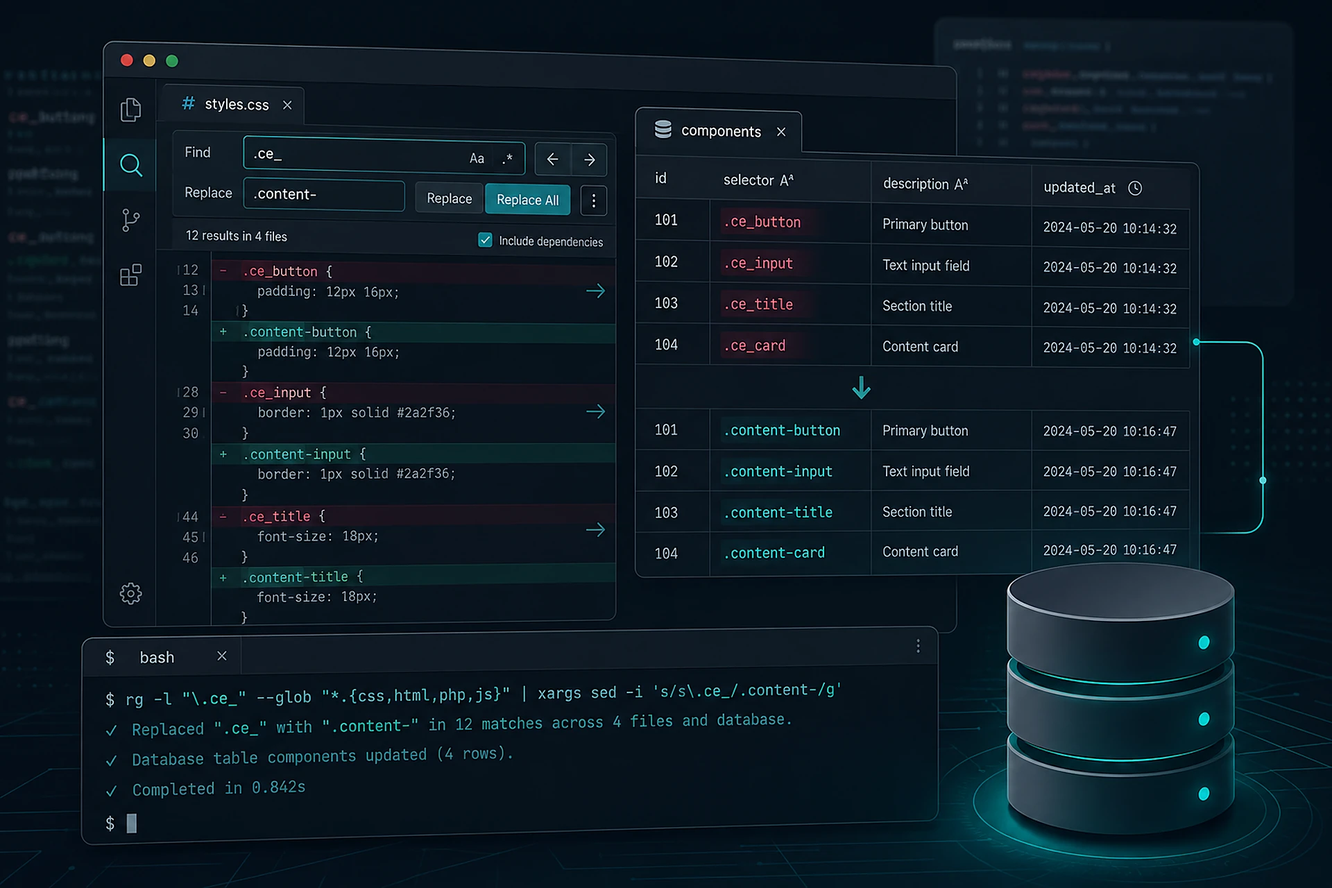 Suchen-und-Ersetzen-Panel, Datenbanktabelle und Terminal: alte CSS-Klassen werden zu neuen Klassen umgeschrieben