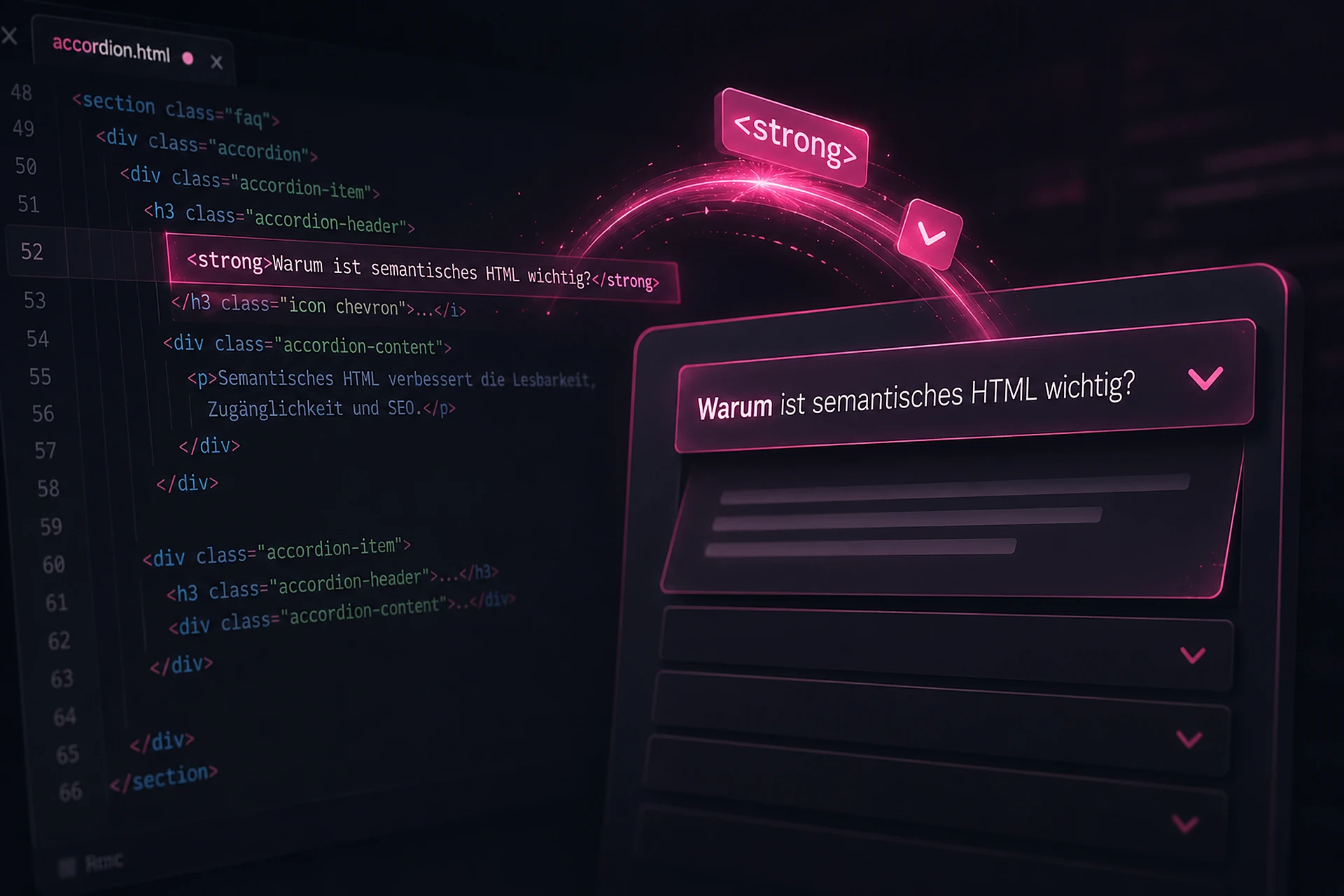 Codezeile mit strong-Tag, das in die Kopfzeile eines Akkordeon-Elements übergeht
